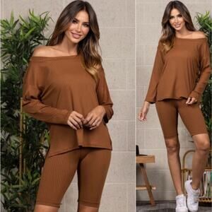 La Lavon Women's Ribbed Loungewear Set Bermuda Shorts & Off Shoulder Top Cognac